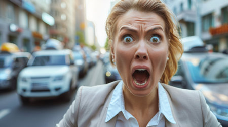 A woman in a suit standing on the street with cars behind her, AIの素材