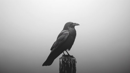 A black bird perched on a post in the foggy sky, AIの素材