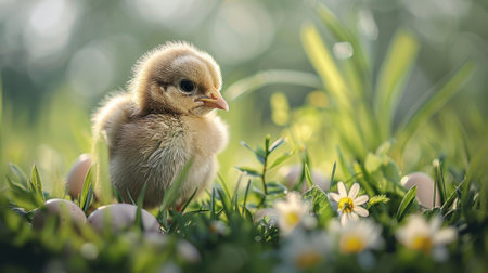 A small chicken sitting in a field of flowers and eggs, AIの素材