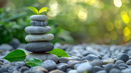 A stack of rocks with a leaf on top sitting in the grass, AIの素材