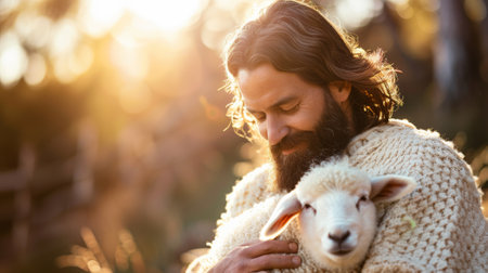 A man in a sweater holding a sheep with his arms around it, AIの素材