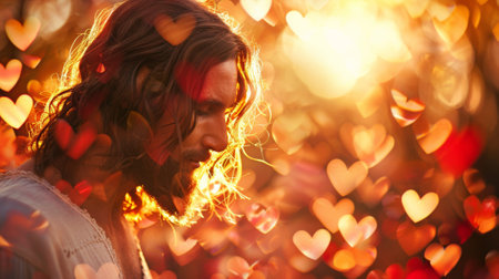 A man with long hair and beard standing in front of a bunch of hearts, AIの素材