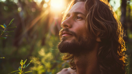 A man with long hair and beard looking up at the sun, AIの素材