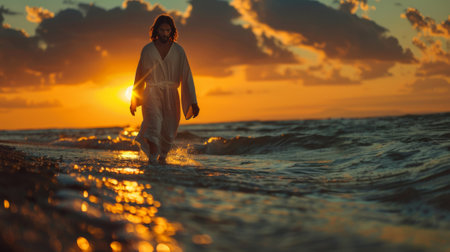 A man walking in the water at sunset with a cross, AIの素材