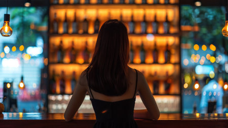 A woman sitting at a bar with lights behind her, AIの素材