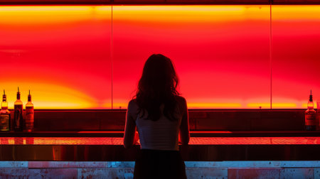 A woman sitting at a bar with bottles behind her, AIの素材