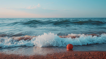 A red ball on the beach next to a wave, AIの素材