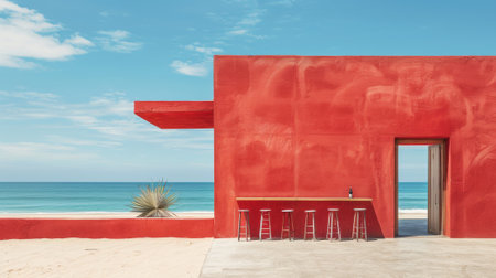 A red building with a bar and stools on the beach, AIの素材