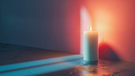 A single candle is lit on a table with the light shining through it, AIの素材