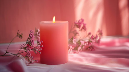 A pink candle on a table with some flowers next to it, AIの素材