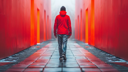 A man walking down a walkway in the rain wearing red jacket, AIの素材