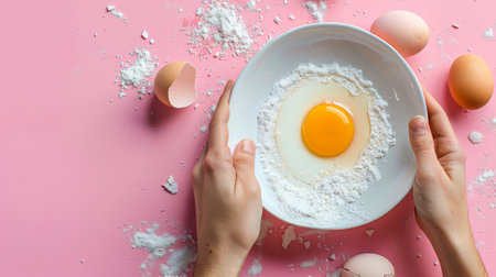 A person holding a bowl with an egg in it and some flour, AIの素材