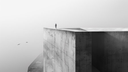 A man standing on a concrete structure in the middle of fog, AIの素材