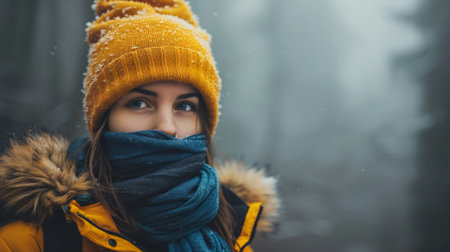 A woman wearing a winter hat and scarf in the snow, AIの素材