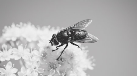 A black and white photo of a fly on top of some flowers, AIの素材
