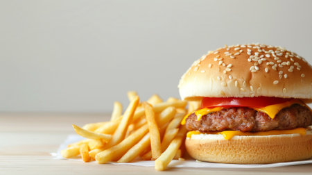 A hamburger with cheese and tomato sitting next to some french fries, AIの素材
