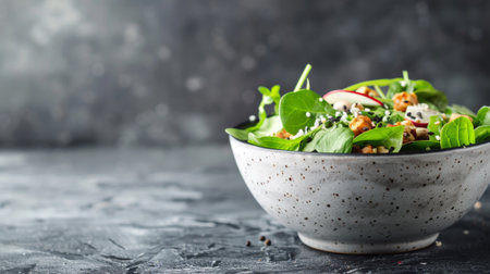 A bowl of salad with spinach, nuts and other ingredients, AIの素材