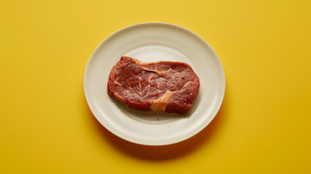 A piece of a plate with some meat on it sitting next to the yellow background, AIの素材