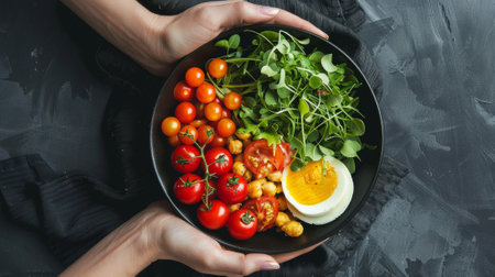 A person holding a plate of food with tomatoes, eggs and other vegetables, AIの素材