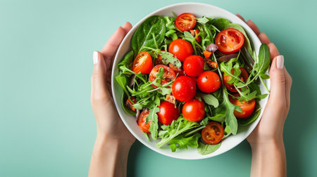 A person holding a bowl of fresh tomatoes and greens, AIの素材