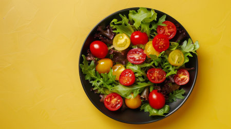 A black plate with a salad of tomatoes and lettuce, AIの素材