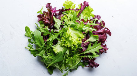 A pile of lettuce on a white surface with some greens, AIの素材