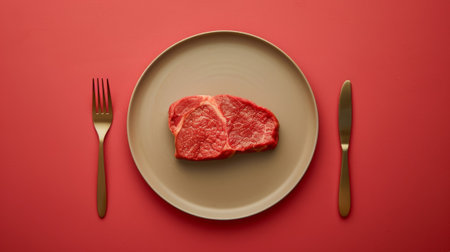 A plate with a piece of meat and fork on it, AIの素材