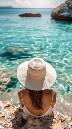 A woman in a white hat looking at the ocean from above, AIの素材