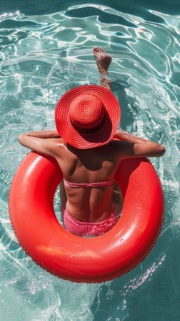 A woman in a red hat floating on an inflatable ring, AIの素材