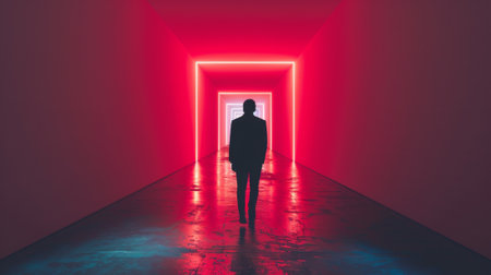 A man walking down a hallway with red and blue lights, AIの素材