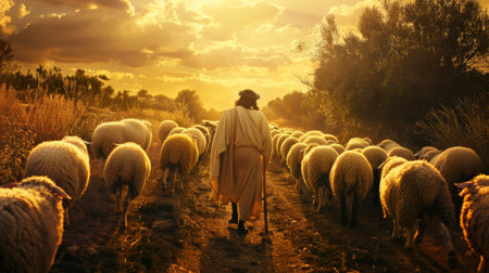 A man walking through a field of sheep with the sun behind him, AIの素材