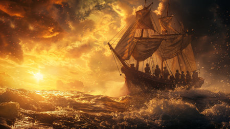 A boat sailing through rough water with a storm in the background, AIの素材