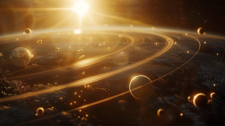 A close up of a planet with many planets orbiting it, AIの素材