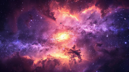 A purple and orange nebula in space with stars, AIの素材