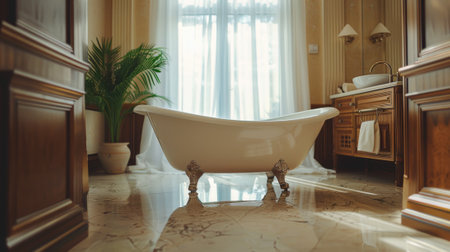 A bathtub sitting in a bathroom next to the window, AIの素材