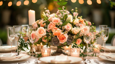 A table with a centerpiece of flowers and candles on it, AIの素材