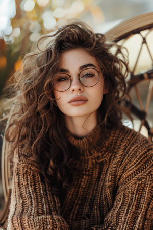 A woman with glasses laying on a chair wearing sweater, AIの素材