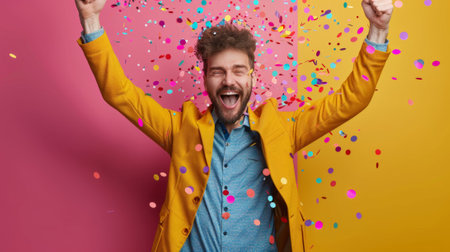 A man in yellow jacket celebrating with confetti falling from his hands, AIの素材
