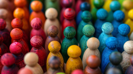 A close up of a group of wooden people toys in different colors, AIの素材