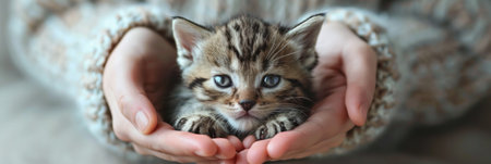 A person holding a small kitten in their hands with the eyes closed, AIの素材