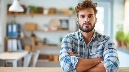 A man with a beard and plaid shirt sitting at the table, AIの素材