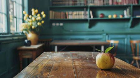 A table with an apple on it in a room, AIの素材