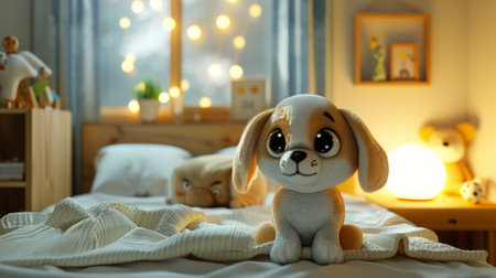 A stuffed dog sitting on a bed in front of some lights, AIの素材