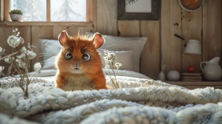 A small brown mouse sitting on a bed in front of flowers, AIの素材