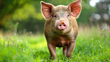 A pig is standing in a field of grass with trees behind it, AIの素材