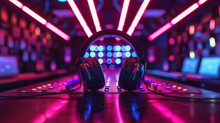 A pair of headphones sitting on a sound board in front of neon lights, AIの素材