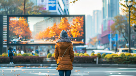 A woman in a brown coat standing on the street, AIの素材