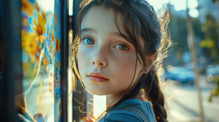 A young girl with long hair standing next to a window, AIの素材