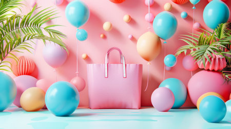 A pink bag with a bunch of balloons and plants, AIの素材