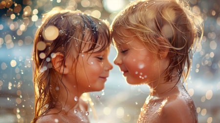Two children are playing in the water and getting wet, AIの素材